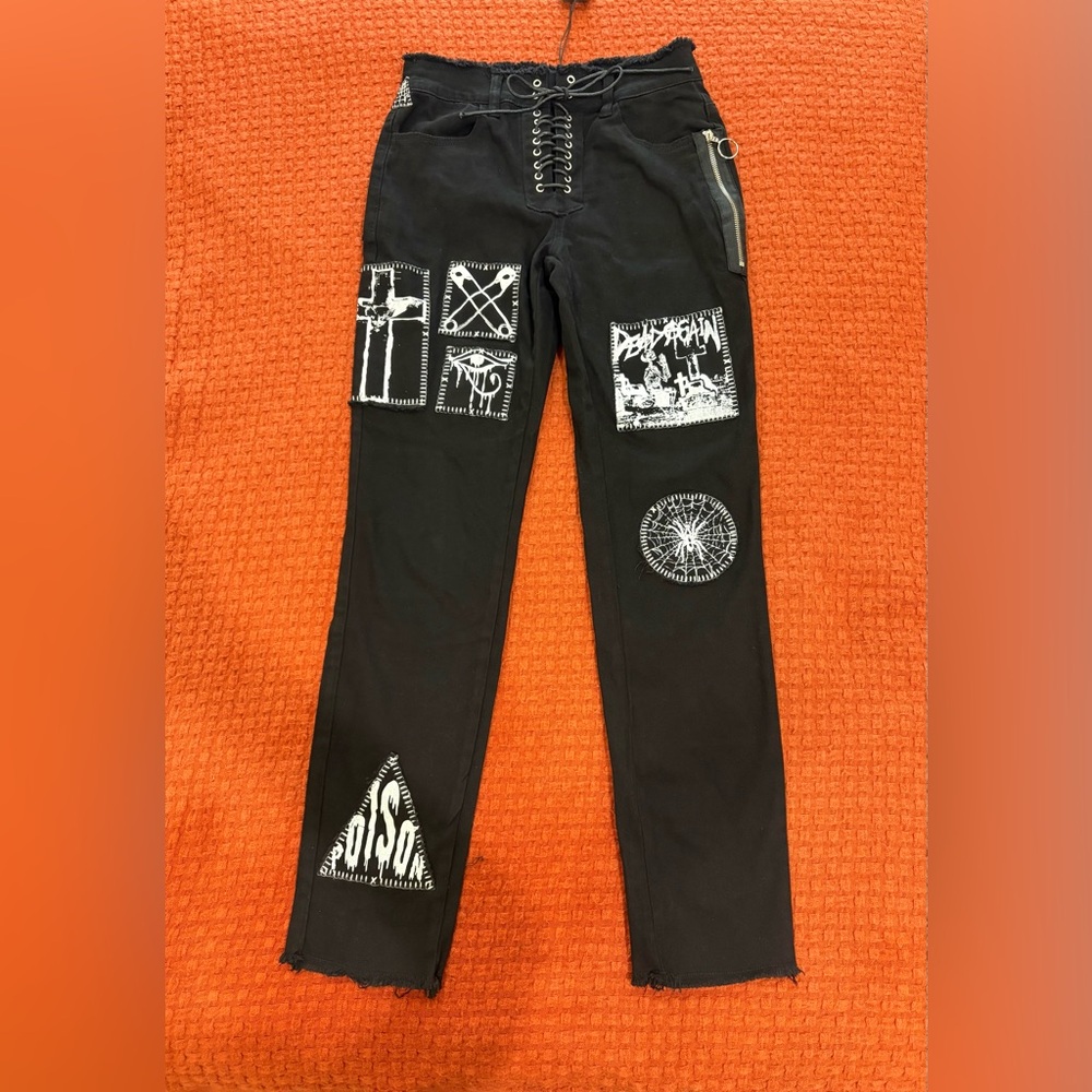 Dolls Kill Current Mood Black Lace-Up Patch Jeans